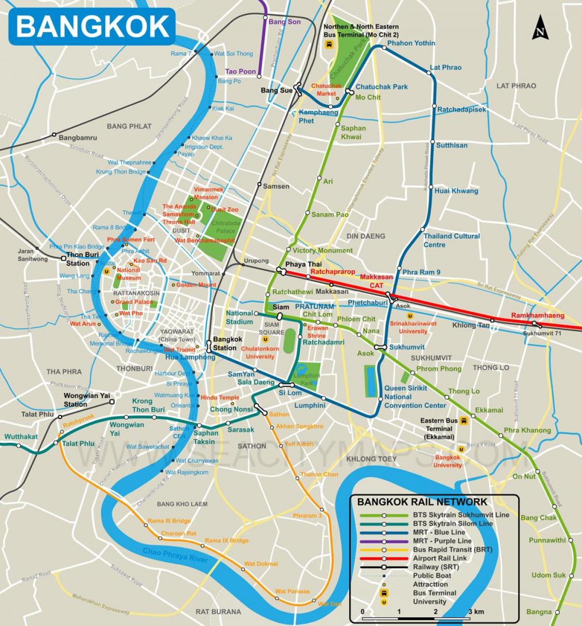 지도의 방콕 시내 중심